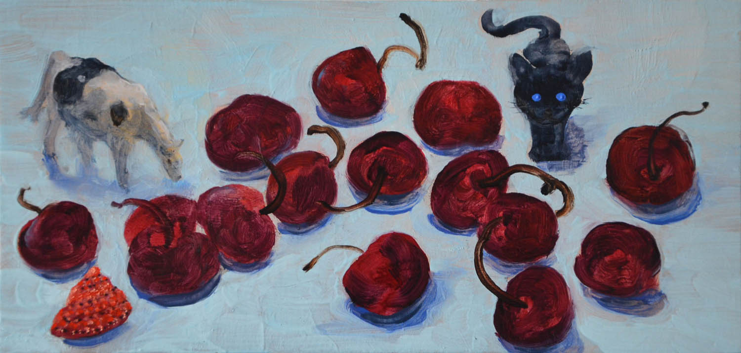 Cherries, oil on wood